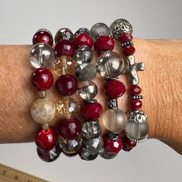 Handmade Beaded Bracelet Set of 5 Deep Red Smoky Gray Silver Tone with Crosses - Picture 4 of 6